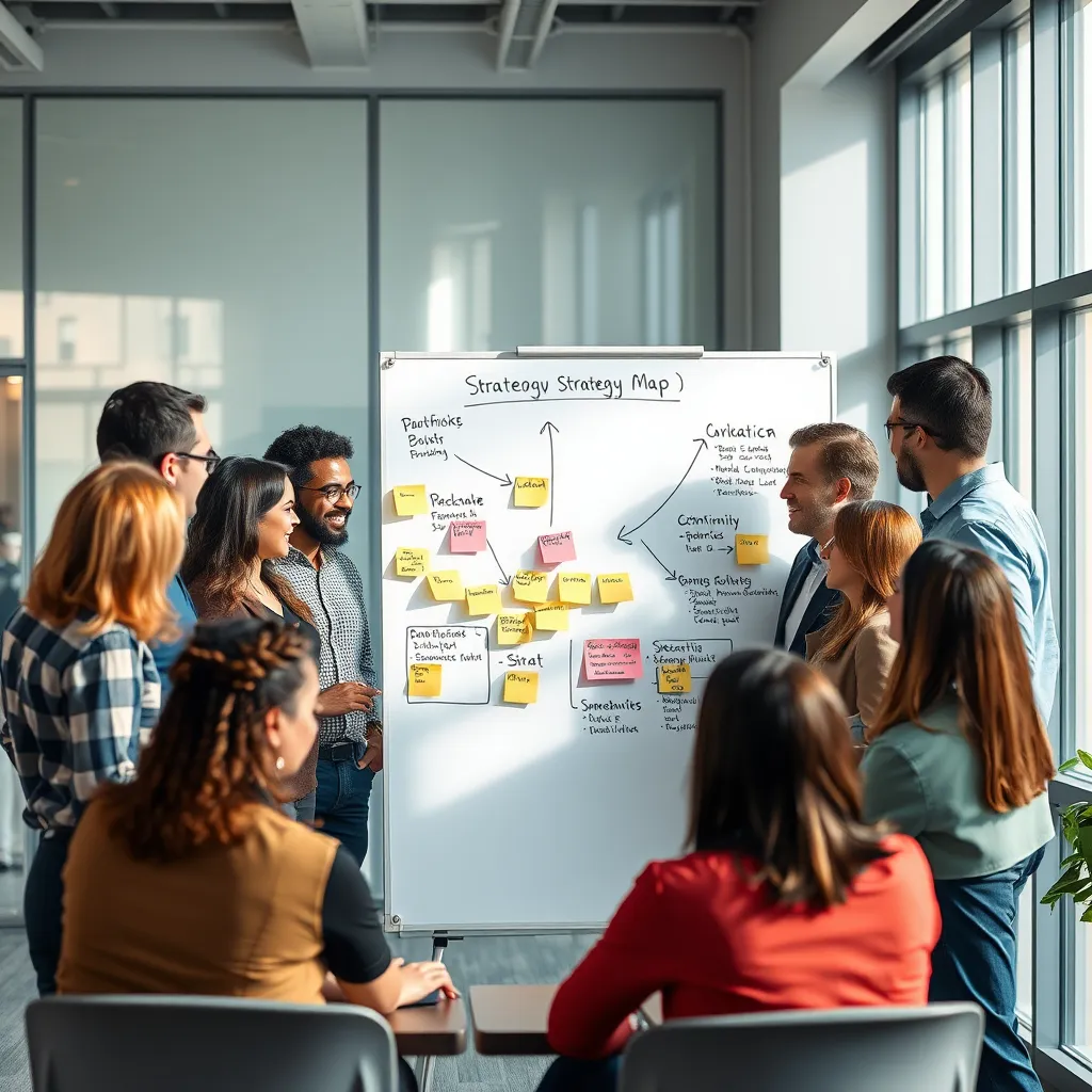 A group of diverse business professionals are gathered around a large whiteboard, discussing a strategy map with arrows and key performance indicators. There are sticky notes with ideas and objectives. The atmosphere is collaborative and energetic. The background is a modern office with natural light streaming in.