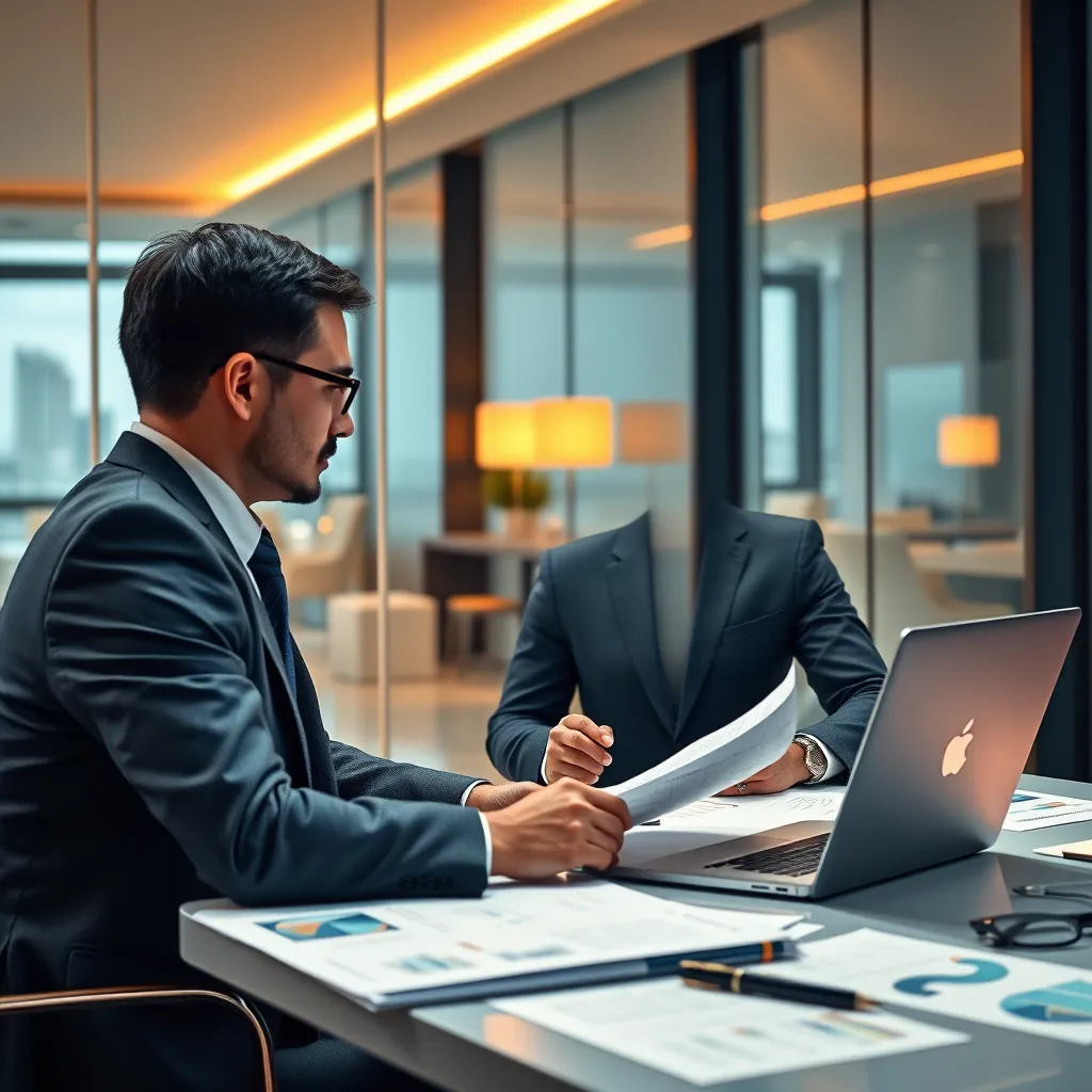 A hyperrealistic image of a financial consultant, wearing a professional suit, confidently presenting a financial report to a client in a sleek, modern office setting. The client is seated across from the consultant, attentively reviewing the report. The scene should be filled with financial documents, graphs, and charts, highlighting the meticulous nature of financial analysis. The lighting should be crisp and clear, with a warm glow emanating from the consultant's laptop screen. The overall mood should be one of trust, confidence, and expertise, emphasizing the importance of sound financial management.