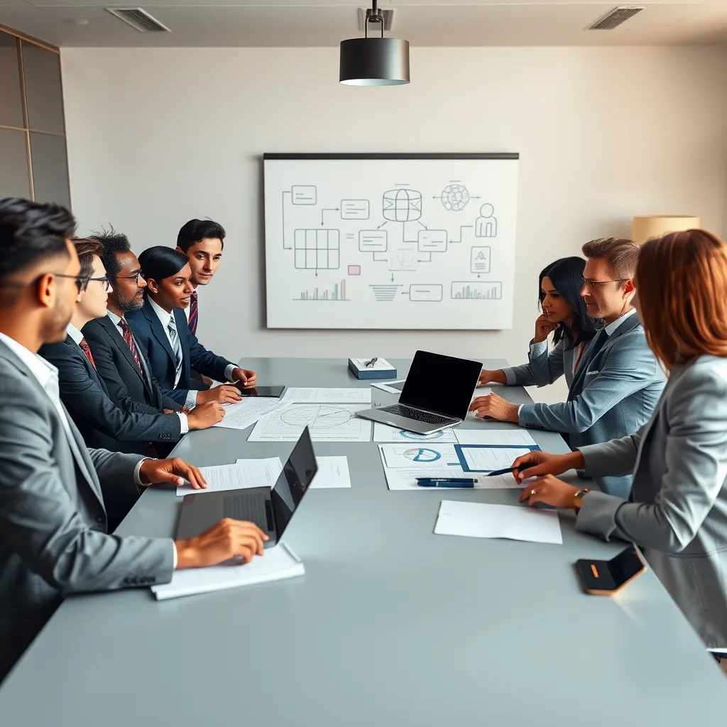 A photorealistic image of a diverse group of business professionals, dressed in sharp suits, gathered around a large conference table in a modern office setting. The table is filled with documents, laptops, and a whiteboard covered in strategic diagrams. The lighting is soft and diffused, creating a warm and inviting atmosphere. The focus is on the group's engaged and collaborative discussion, highlighting the dynamic energy of brainstorming and strategy development. Render this image in 8K resolution, with ultra-detailed textures and sharp focus on the faces of the participants, capturing the intensity of their commitment to strategic planning. The color palette should evoke a sense of confidence and clarity, with hues of deep blues, warm greens, and subtle hints of gold. The overall mood should be one of focused determination and optimism for the future.