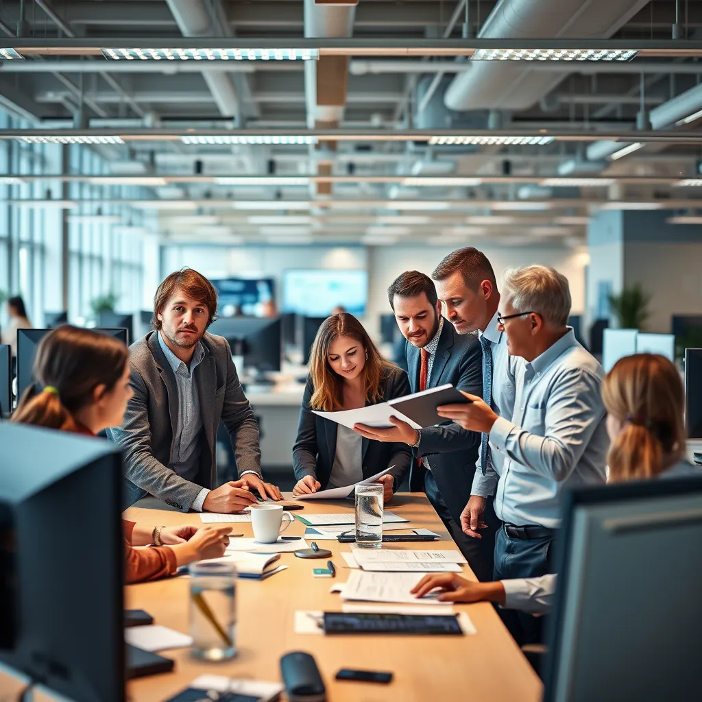 A team of consultants is working with a company's management team to implement a new business process. They are using collaborative tools and technology, and there is a sense of progress and teamwork. The background is a vibrant and dynamic office environment with a mix of individual workstations and collaborative spaces.