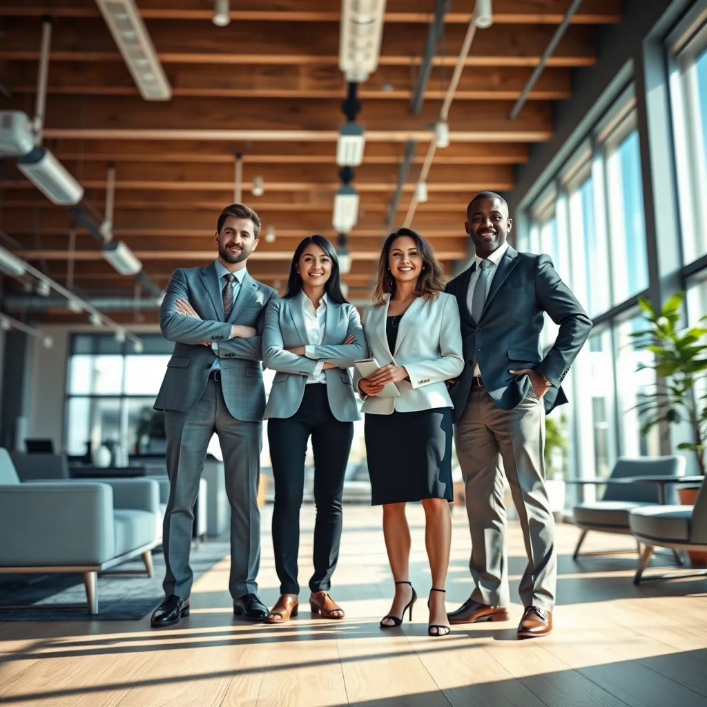 Create a photorealistic, ultra-high-quality image for a business consulting website header. The image should feature a diverse group of professionals, three to five people, standing confidently in a modern, open office space. The lighting should be natural and bright, streaming through large windows, casting soft shadows. The color palette should be sophisticated and professional, with a mix of cool blues, calming greens, and warm wood tones. The camera angle should be slightly elevated, creating a dynamic perspective that captures the team's energy and professionalism. The office should be filled with sleek furniture and modern technology, showcasing a tech-savvy and innovative environment. The image should exude confidence, competence, and a focus on collaborative problem-solving. Use a style reminiscent of high-end corporate photography, with a focus on sharp detail and realistic textures. The resolution should be 8K, achieving a hyperrealistic level of detail and clarity. Incorporate subtle motion blur in the background to suggest a sense of movement and progress., ultra high resolution, photorealistic, 8K, hyperdetailed, cinematic lighting